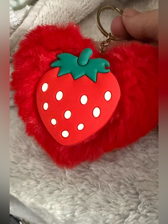 Accessories - Fuzzy Red Strawberry Heart Keychain, crown and green set of 3 key/bag charms